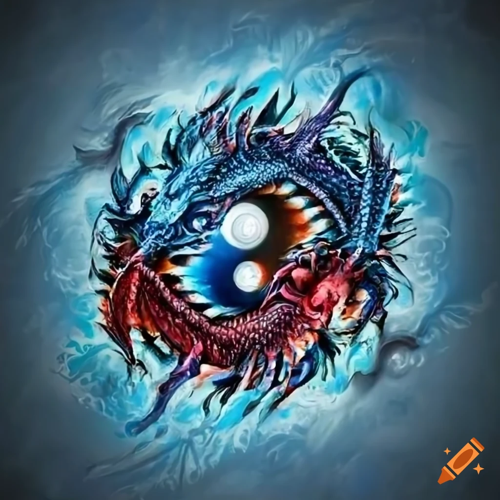 Yin yang symbol with red and blue dragons on Craiyon