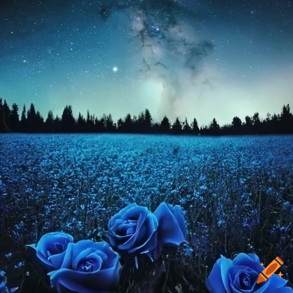 field of blue roses under a galaxy