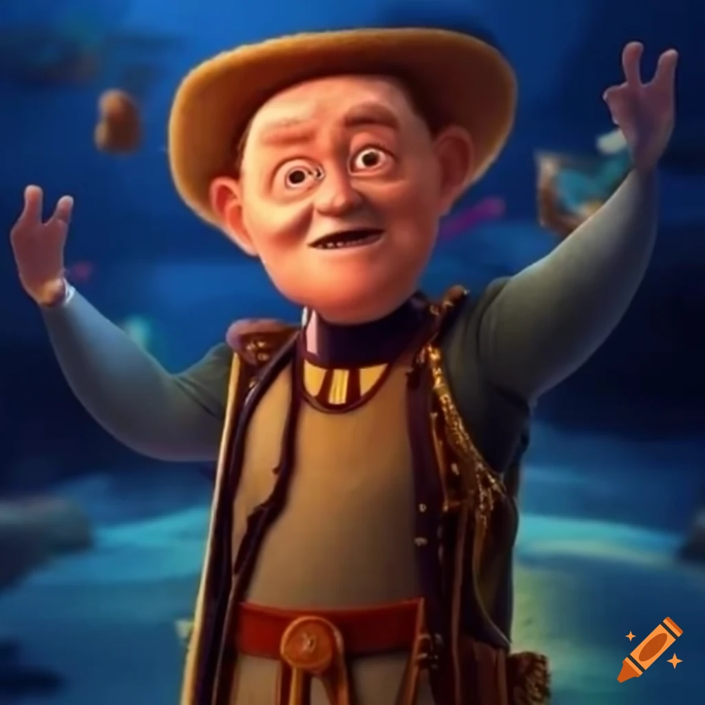 elderly Disney Pixar-style priest with a black stole and golden crucifix