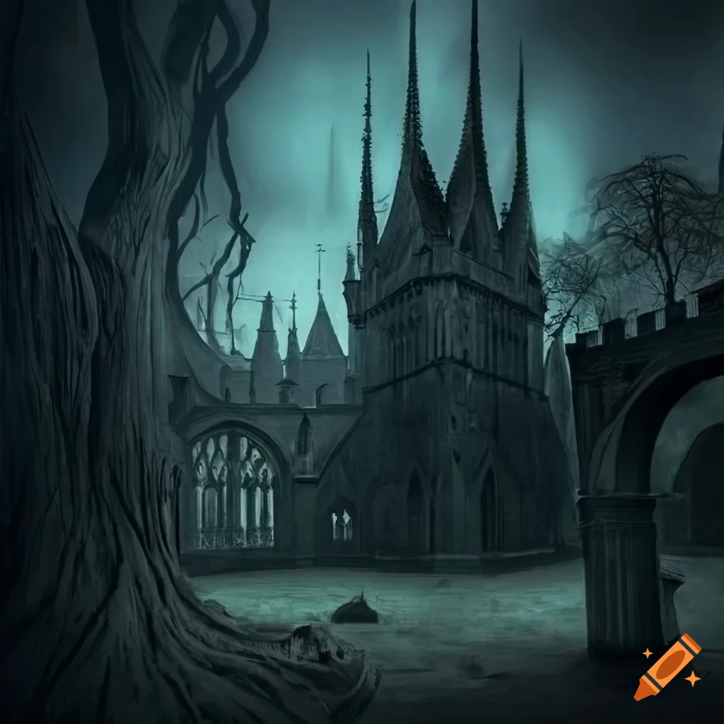 gothic castle courtyard with a gloomy tree