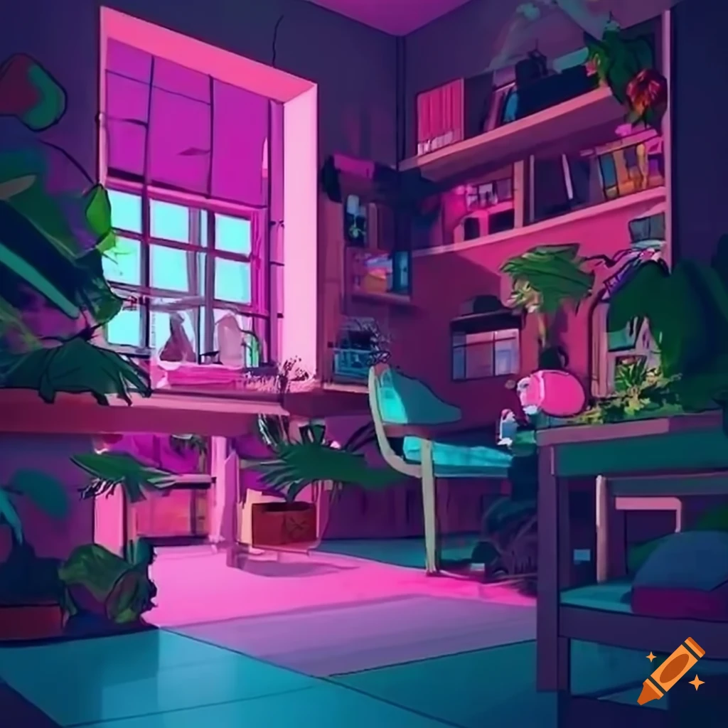 vaporwave apartment with plants