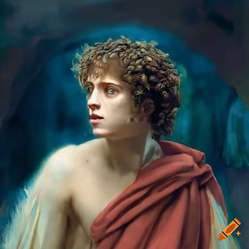 Frodo dressed as an ancient athlete in Lawrence Alma-Tadema style