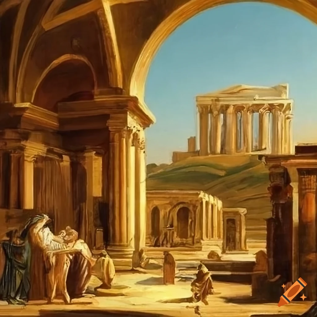 oil painting of ancient city Miletus with philosopher Thales