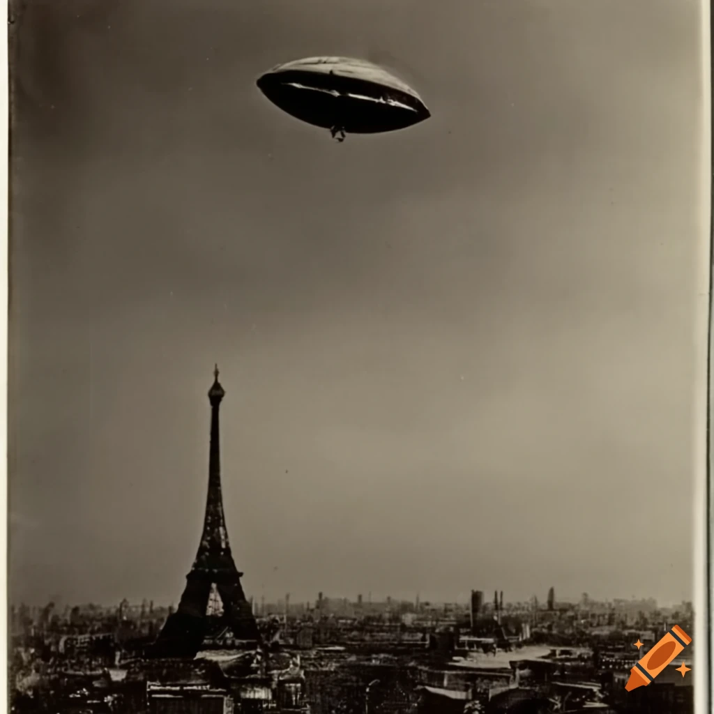 vintage photo of a UFO flying over Paris