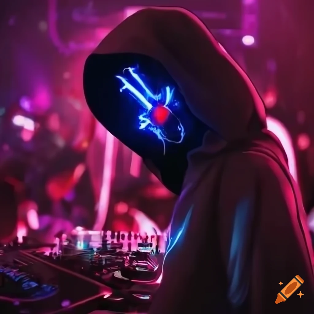 anime DJ wearing a glowing mask and hoodie at nightclub