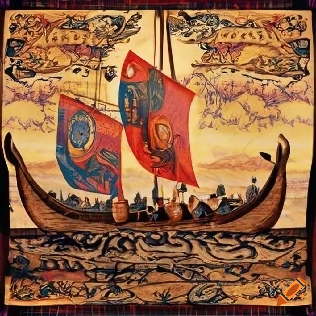 medieval tapestry of viking boats