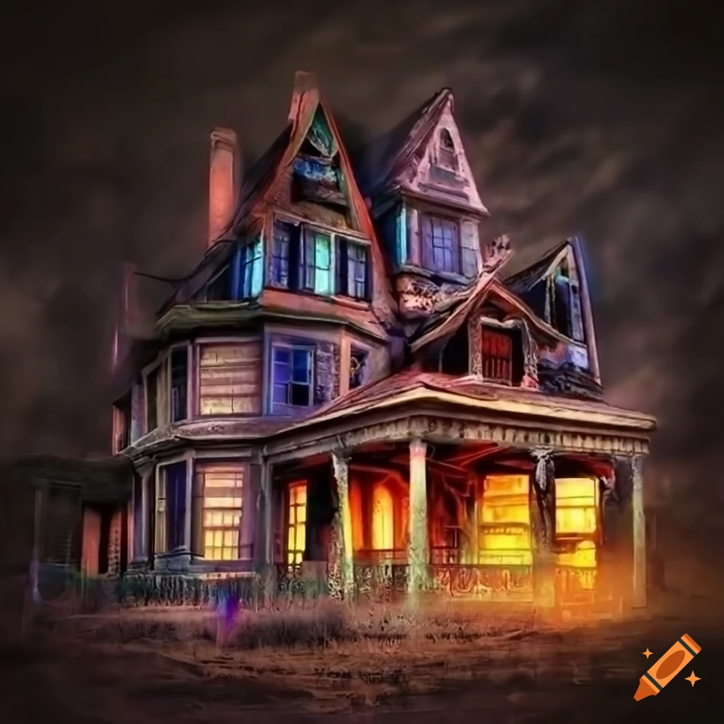 photorealistic and colorful haunted house