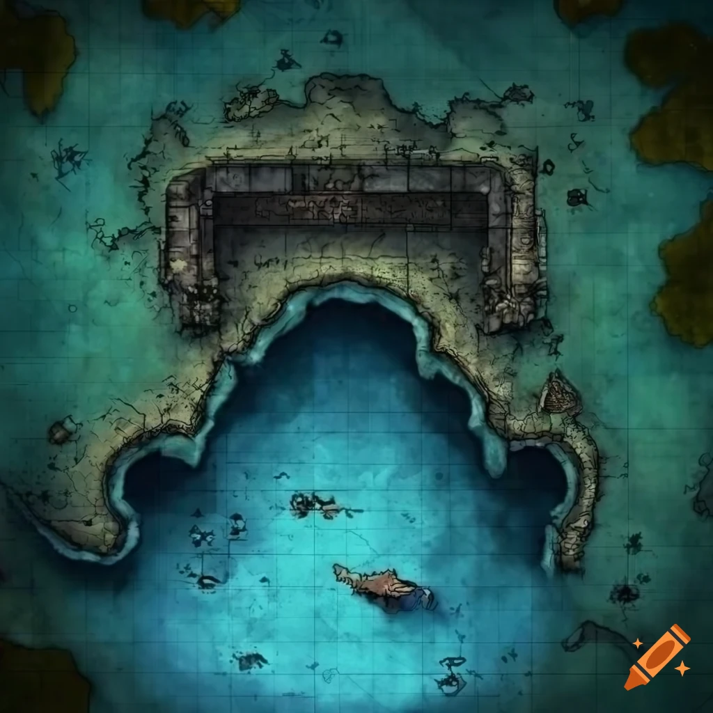 top-down fantasy battlemap of a flooded cave