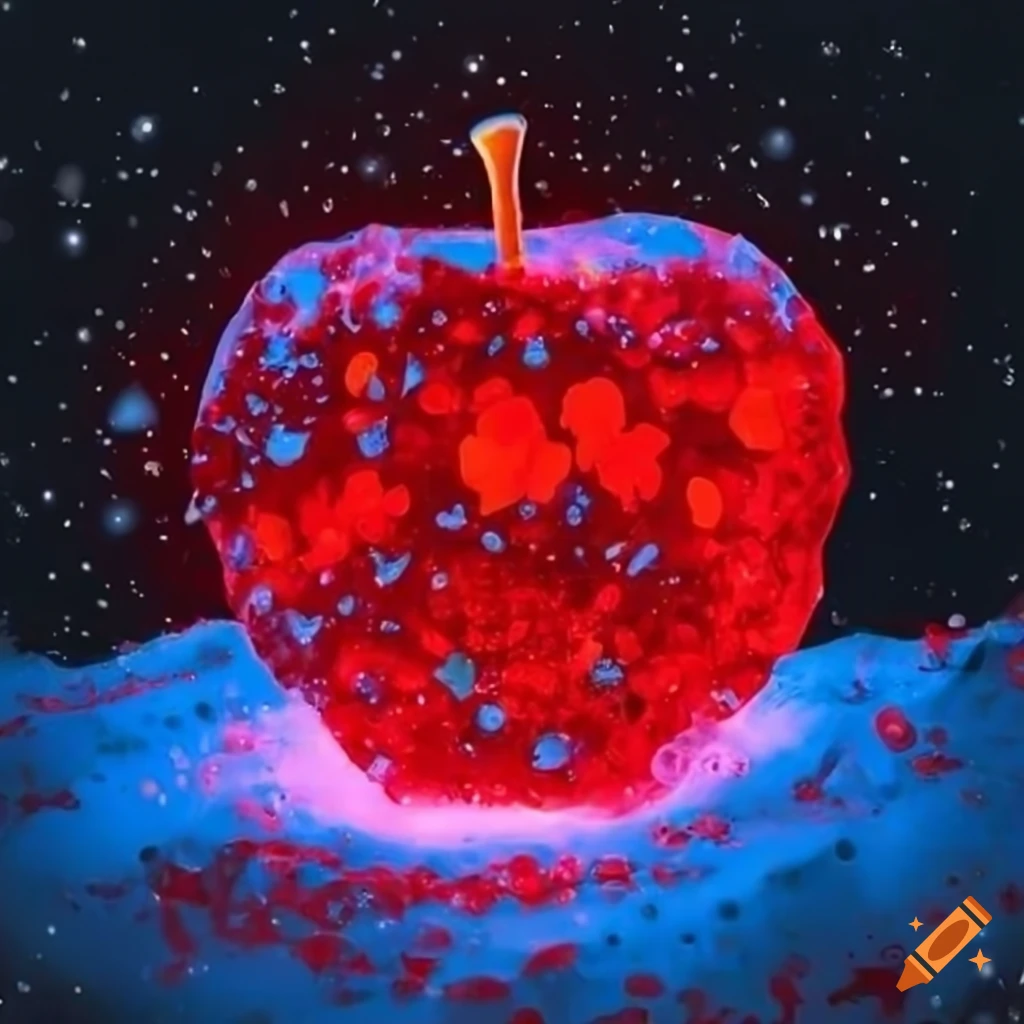 red glowing crystal apple in a snowy landscape