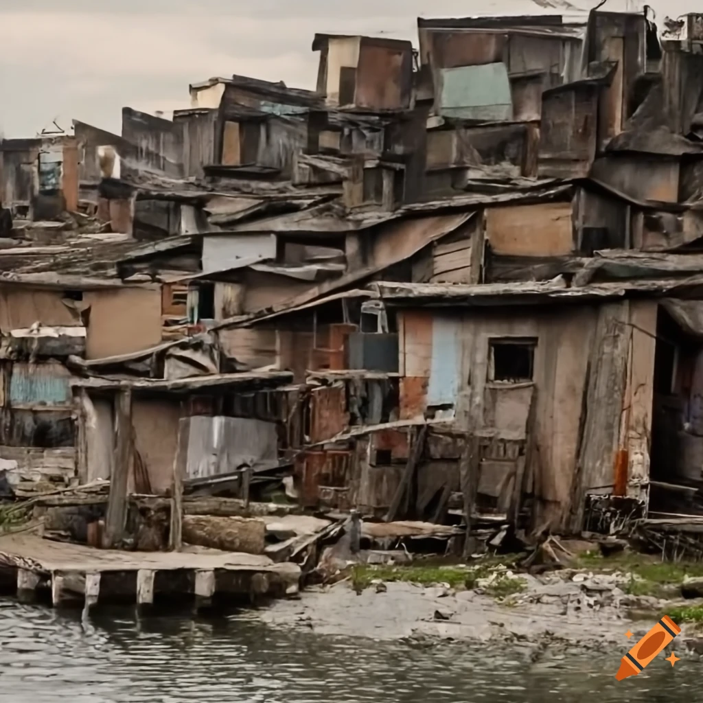 City slums with structures resting on stilts on lake on Craiyon