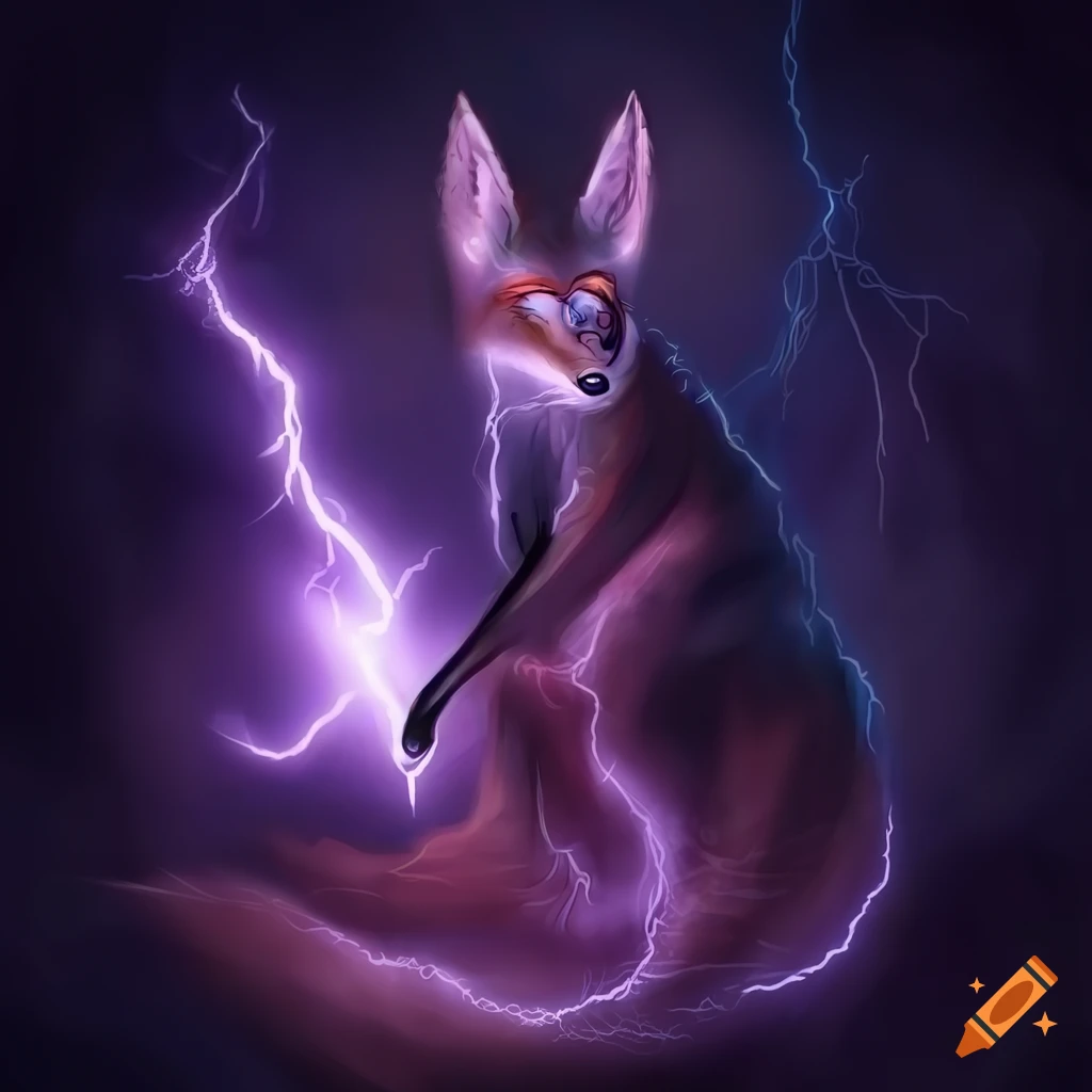 Digital art of a fox as god of lightning on Craiyon