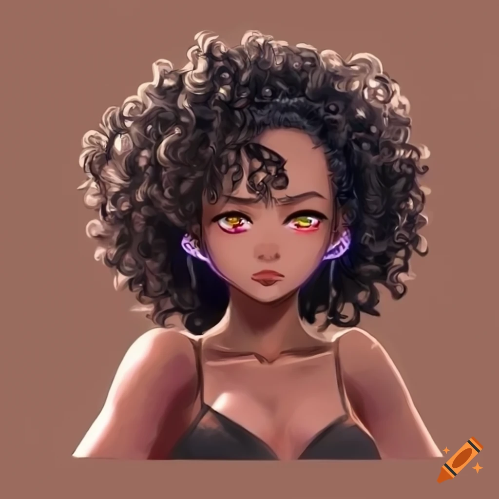 Anime-inspired female character with dark brown skin and curly hair on ...