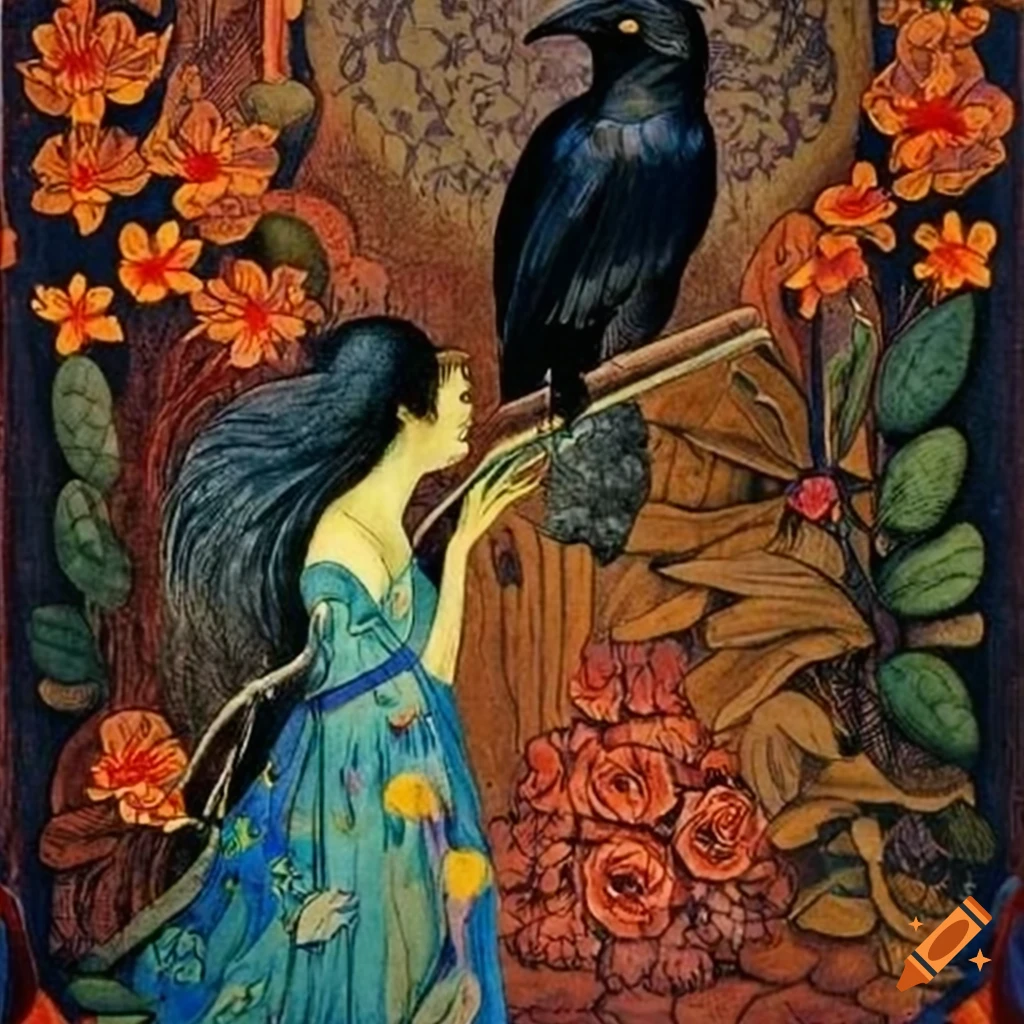 storybook illustration of a mystical Curandera Raven and elegant Mother Goose