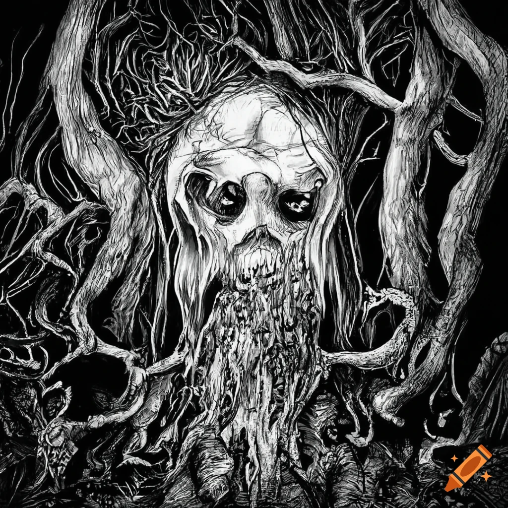 sinister black and white illustration inspired by Brothers Grimm fairy tales
