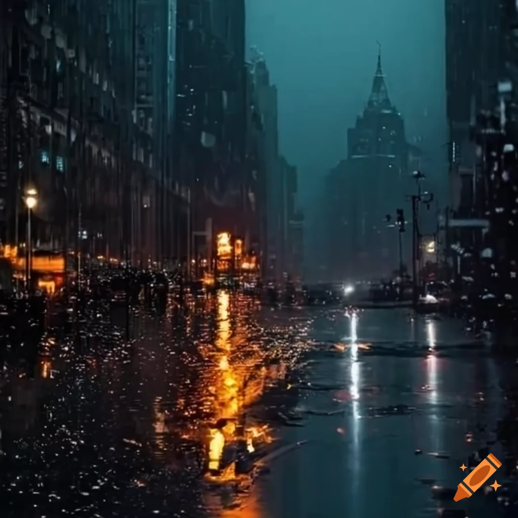 nighttime cityscape in the rain