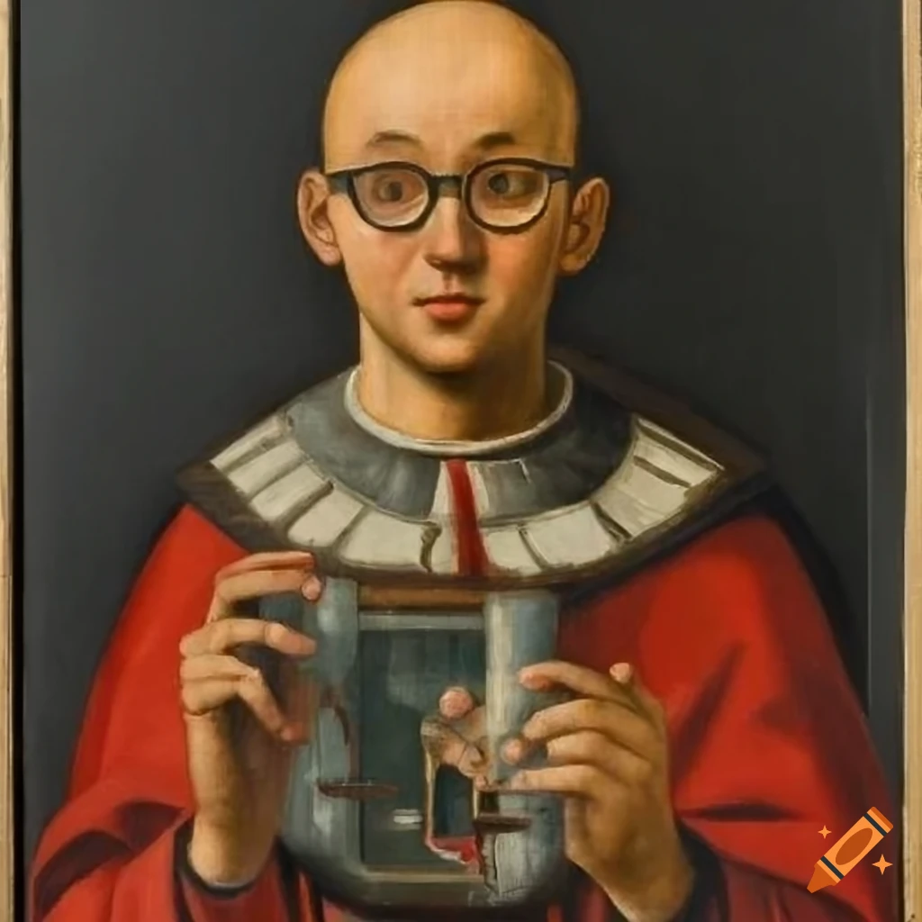 Renaissance painting of a bald saint with glasses