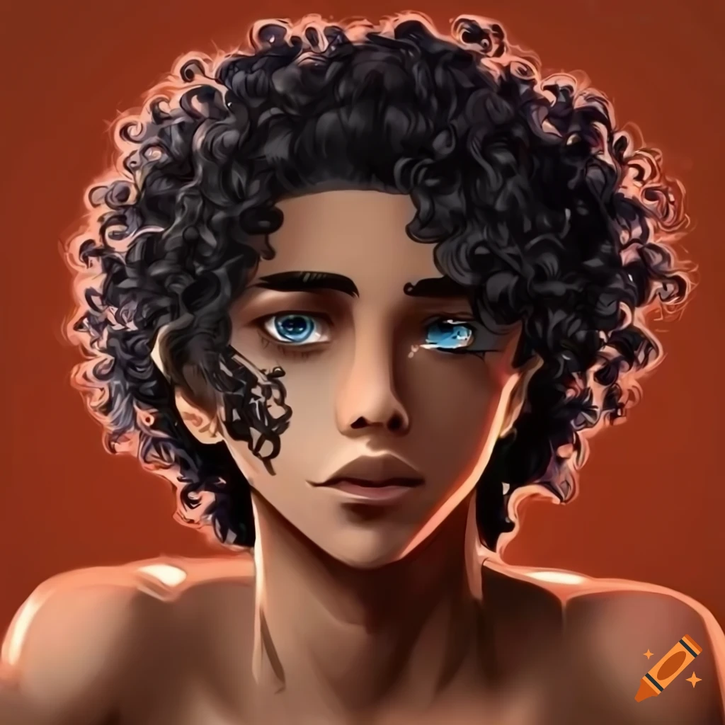 Anime-inspired male character with dark brown skin and curly hair