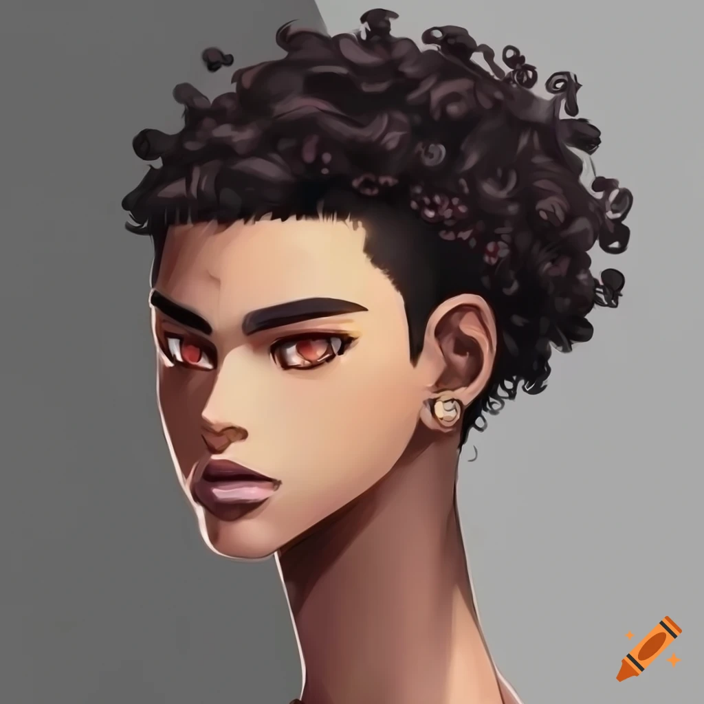 Illustration of a male anime character with dark brown skin and curly ...