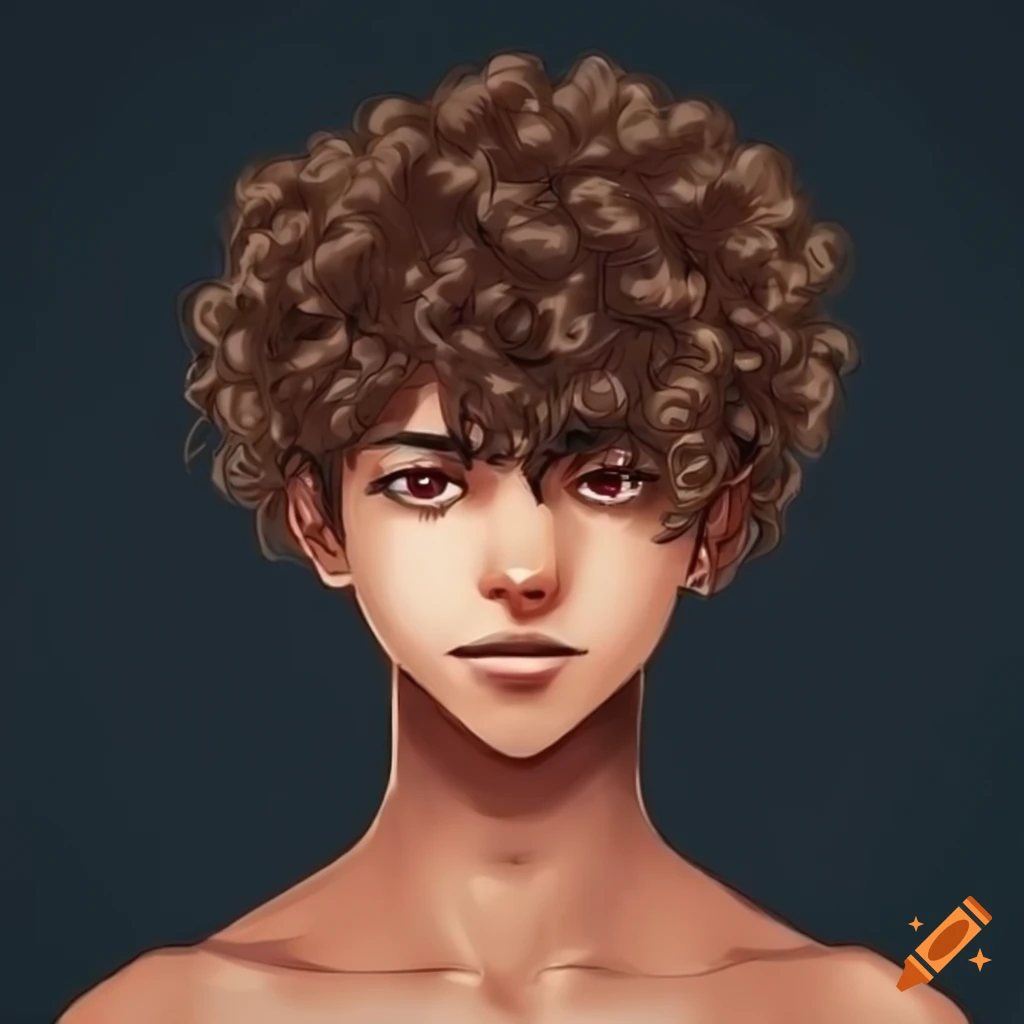 anime-inspired male character with dark brown skin and curly hair