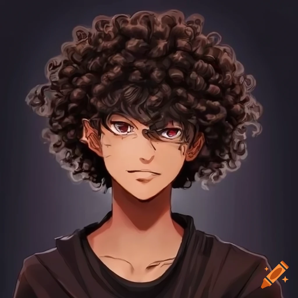 Illustration of a male anime character with dark brown skin and curly ...