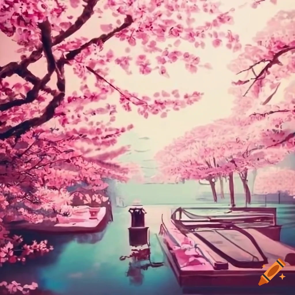 vintage Japanese cherry blossom garden