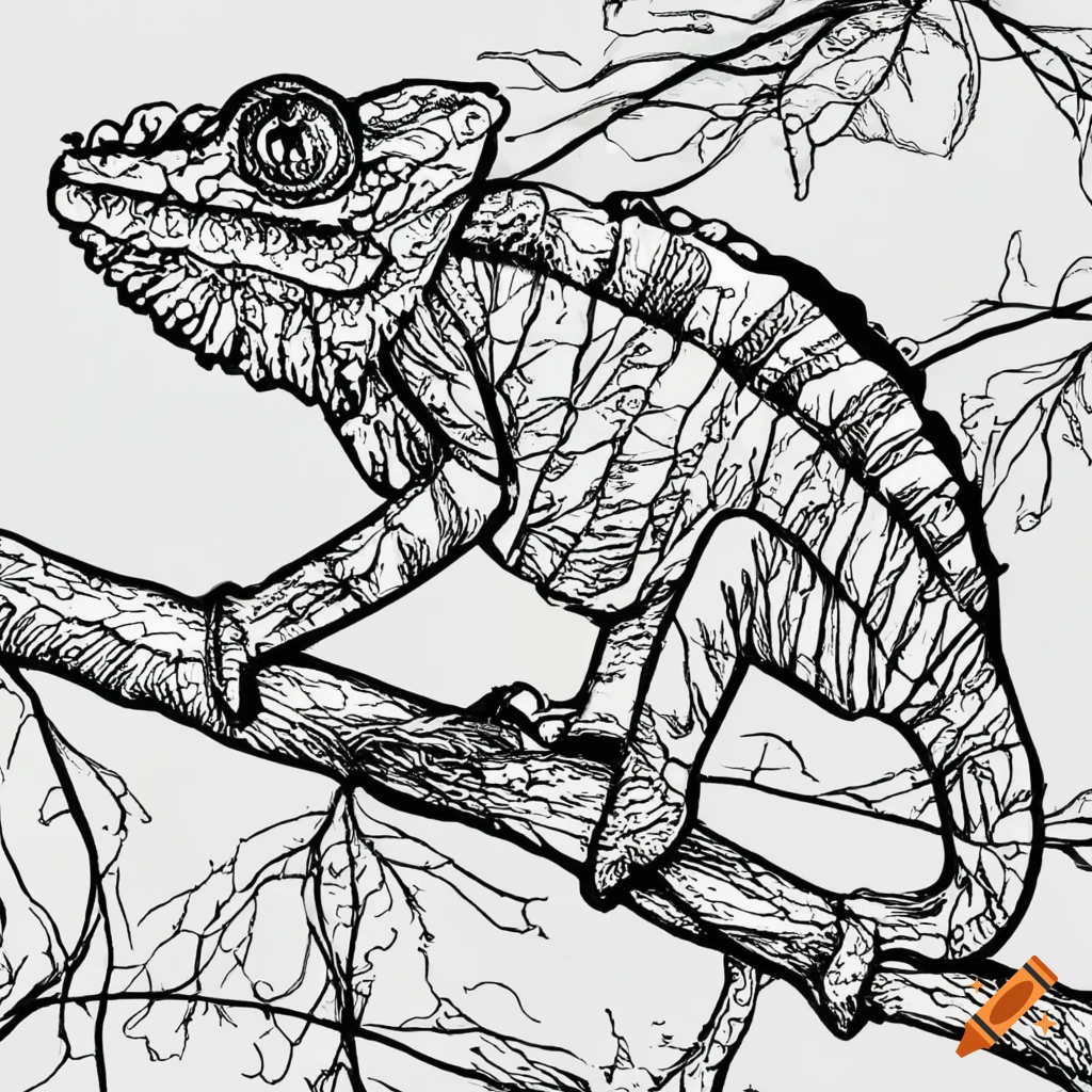 black and white line art of a chameleon on a branch