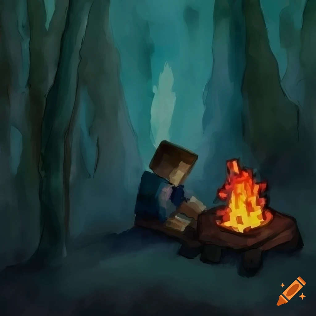 Watercolor painting of a minecraft character in a mystical woods on Craiyon