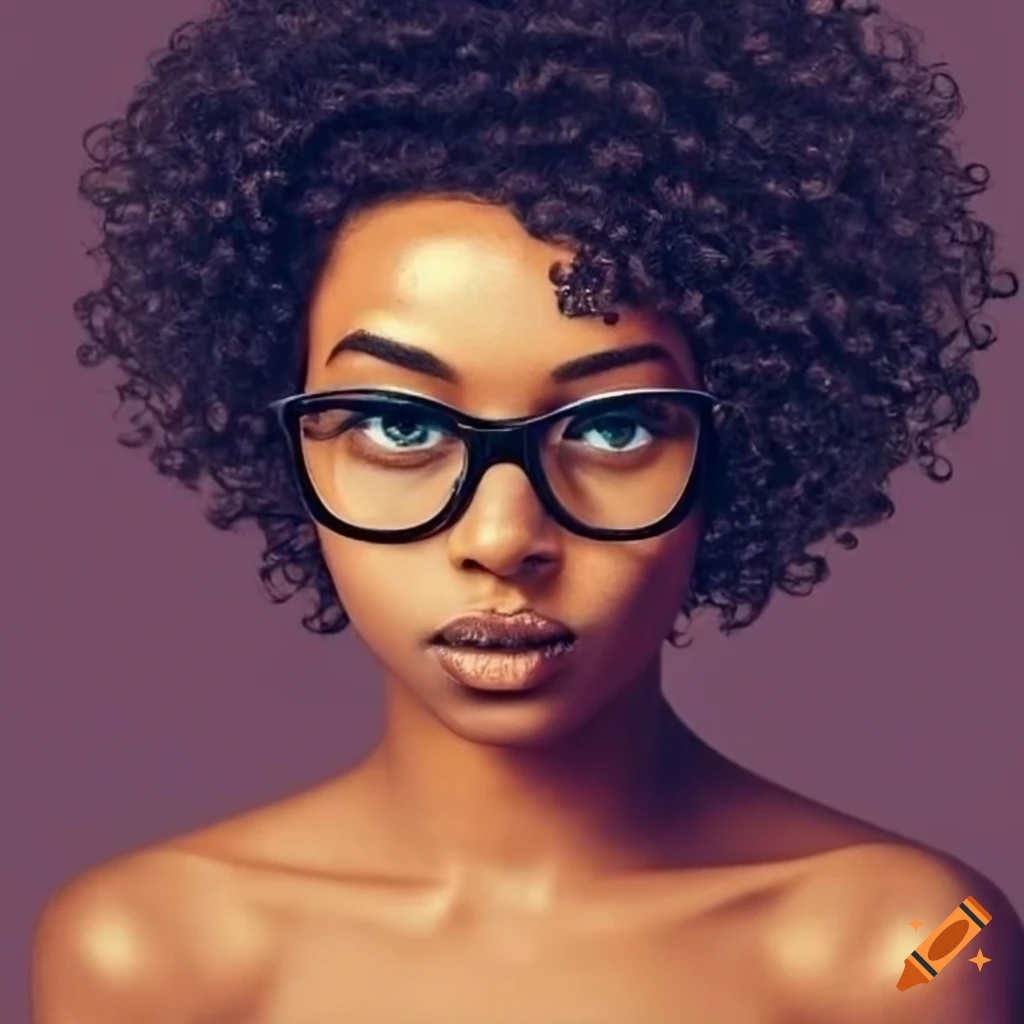 Portrait of a young woman with short curly hair and glasses on Craiyon