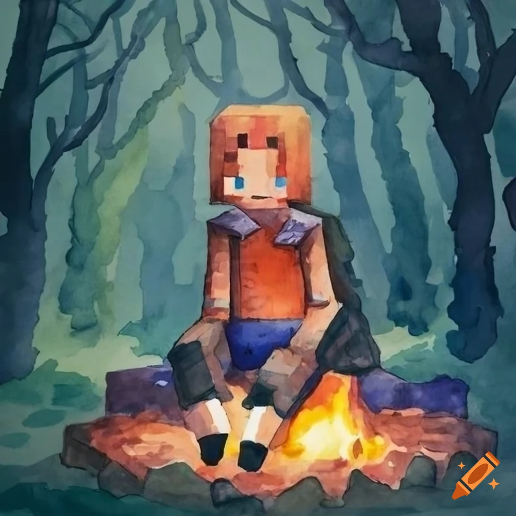 Watercolor painting of minecraft character in mystical woods