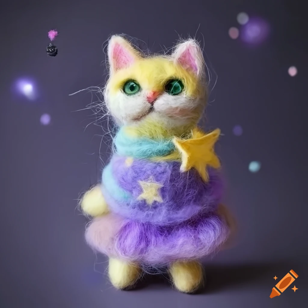 felted wool cat with star dress in bubbles