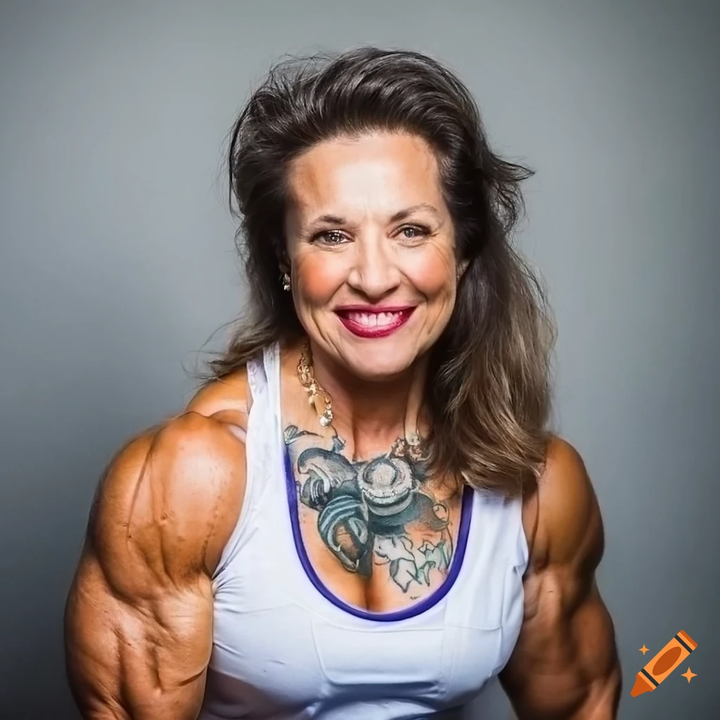 portrait of a mature female bodybuilder in a medical uniform