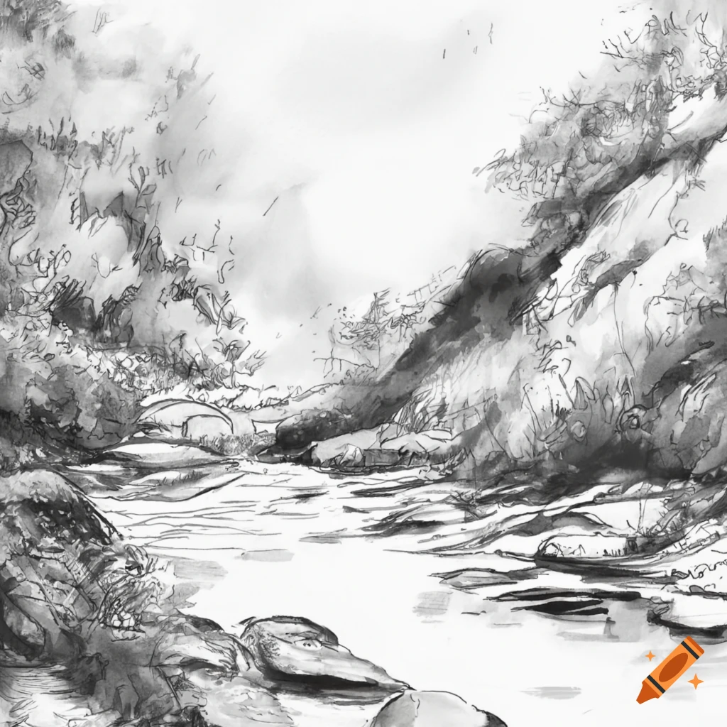 Black and white sketch of a river on Craiyon