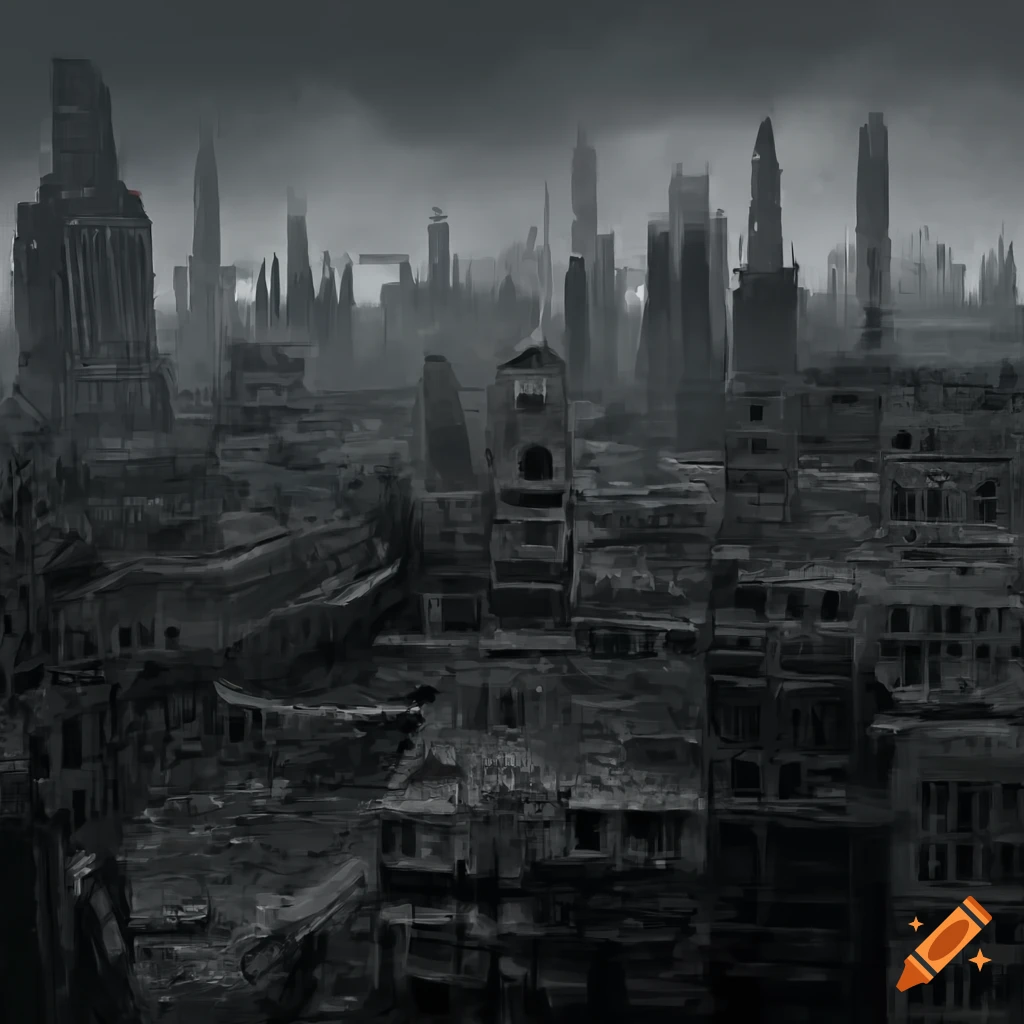 Gray cityscape of a post-apocalyptic ruined city on Craiyon