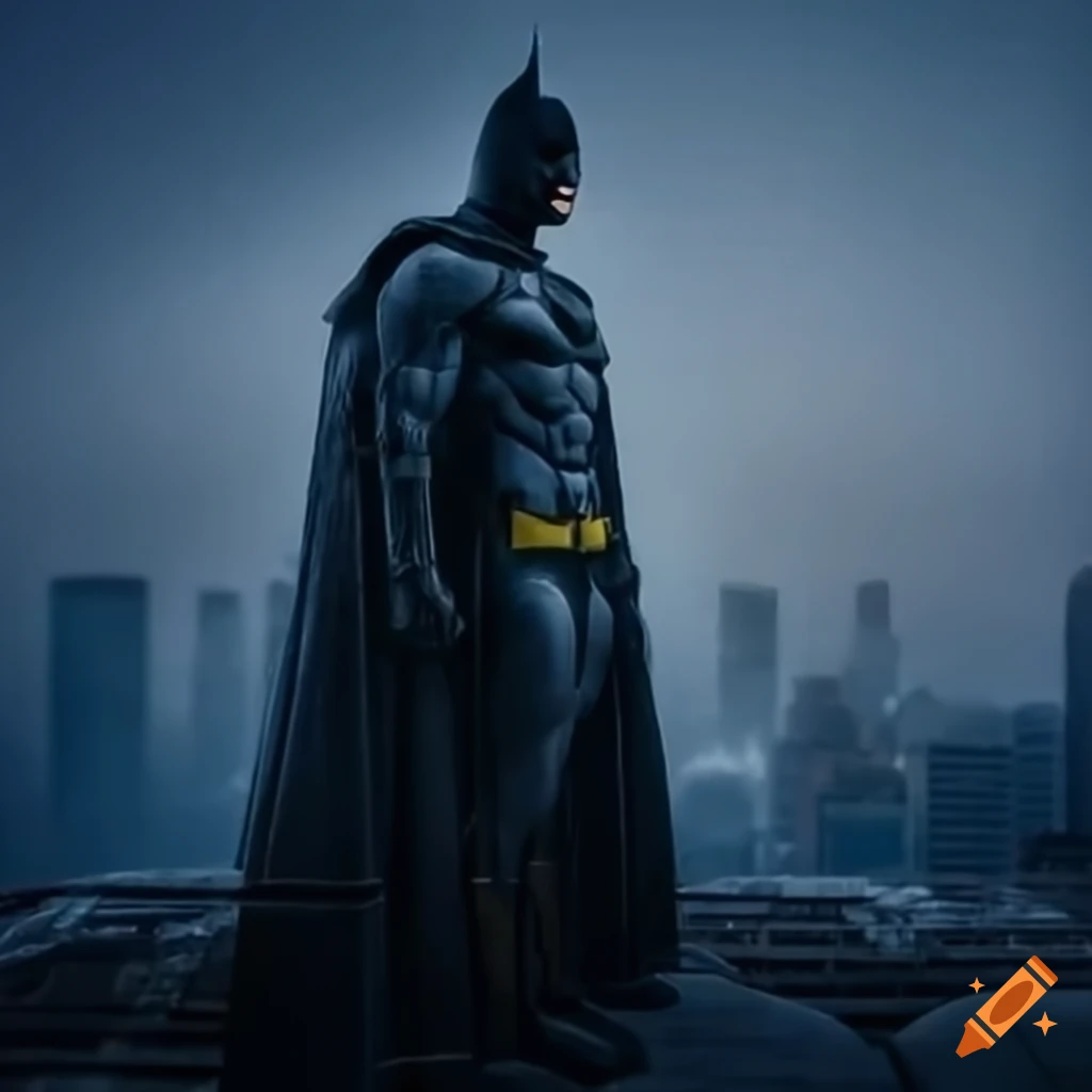 Batman overlooking a foggy city from a skyscraper