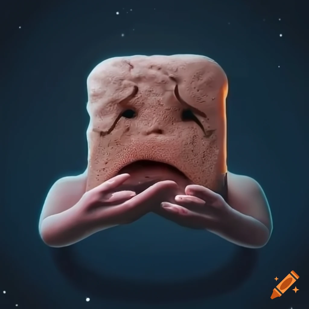 cuboid bread with a frustrated face in space
