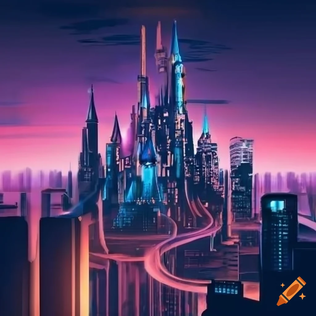 Futuristic cityscape with neon lights and modern castle on Craiyon