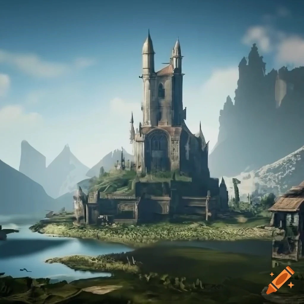 3D render of a citadel on a lake with a long tower on Craiyon
