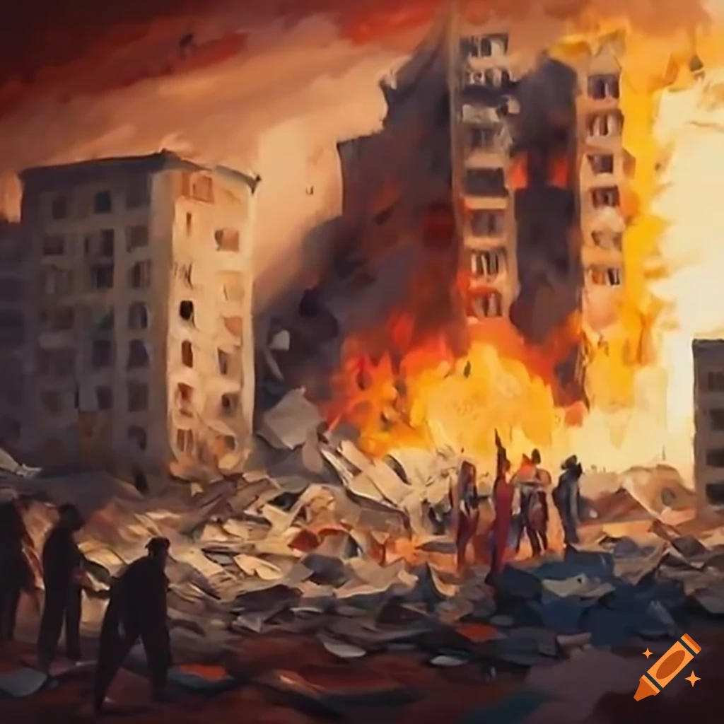 image of a devastated apartment building in a refugee camp
