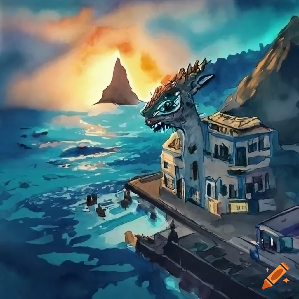 watercolor of Godzilla destroying a town