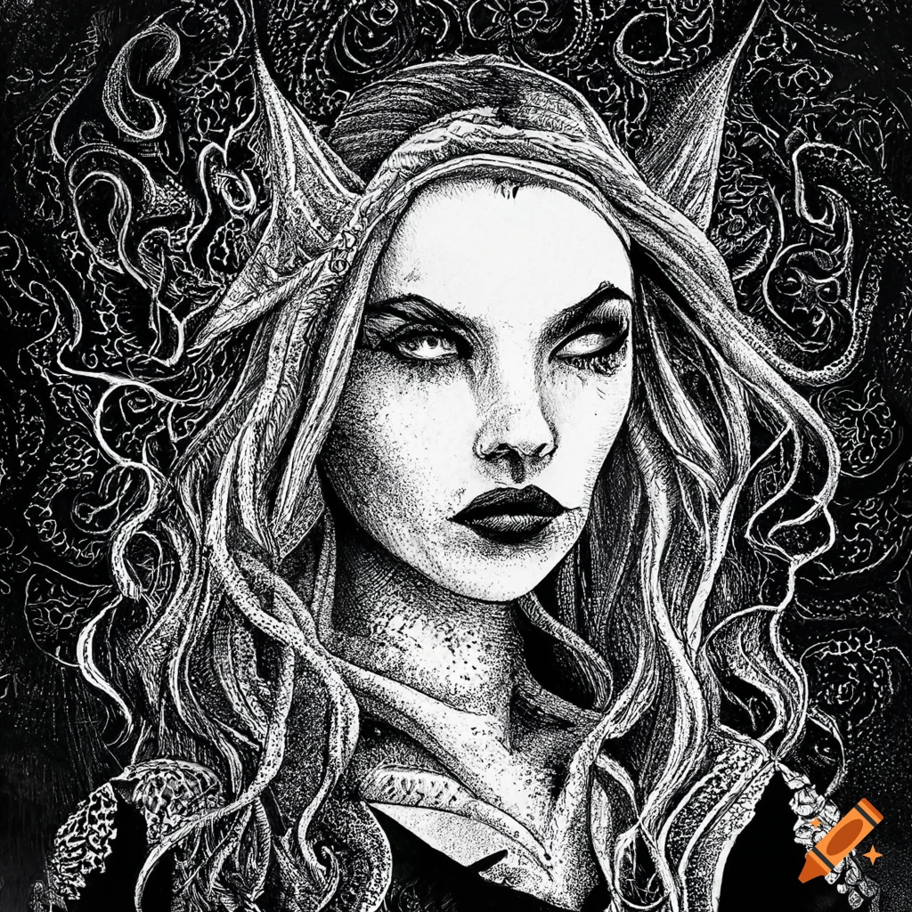 black and white illustration of a dark sorceress