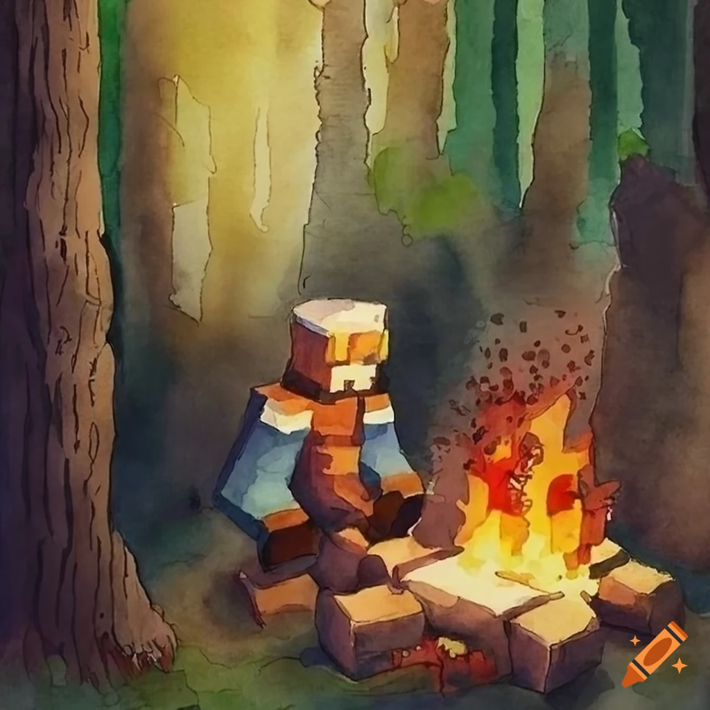 Watercolor painting of minecraft character in mystical woods on Craiyon