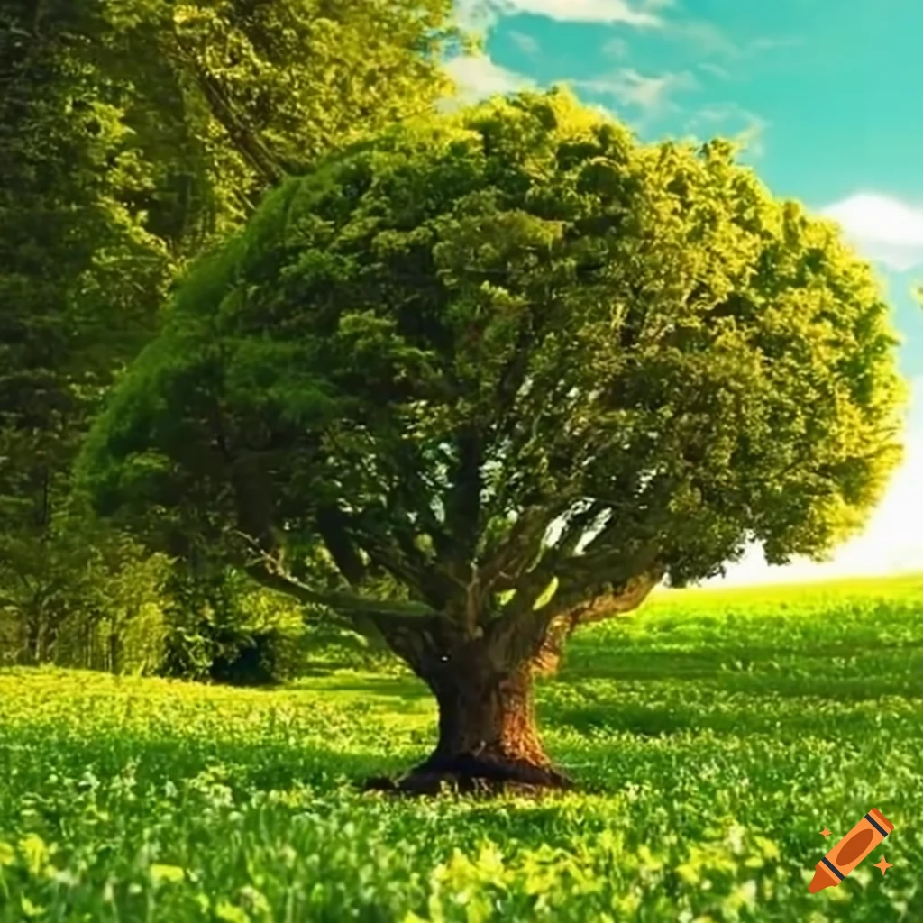 tree standing tall on a field of flowers