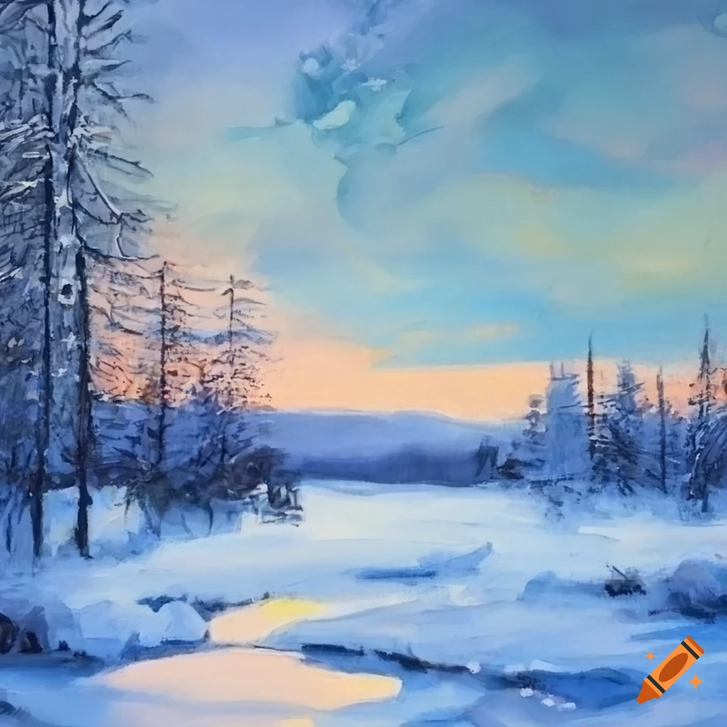 Swedish inspired winter acrylic painting on Craiyon