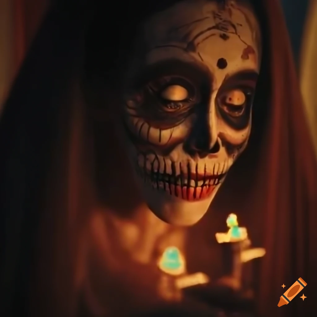 wide shot of a Dia de los Muertos scene with horror atmosphere