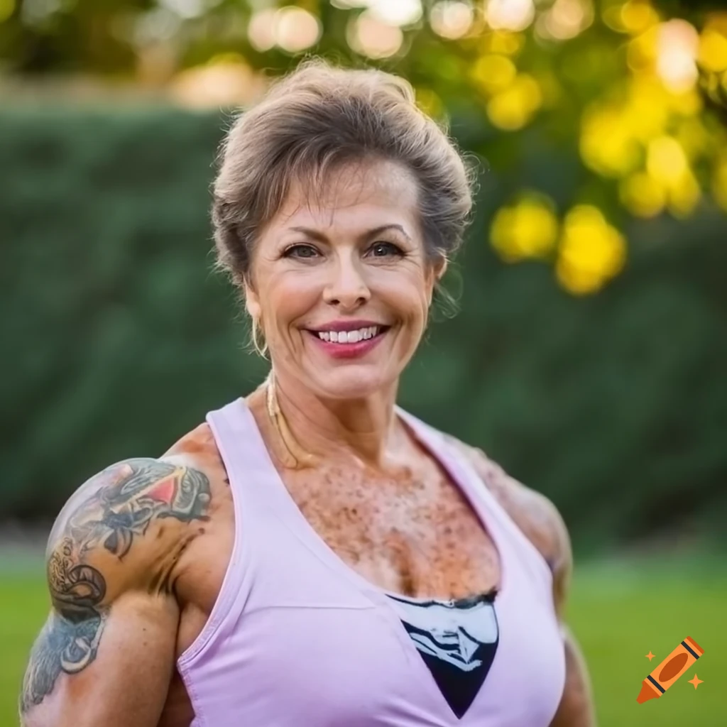 portrait of a mature female bodybuilder flexing her biceps