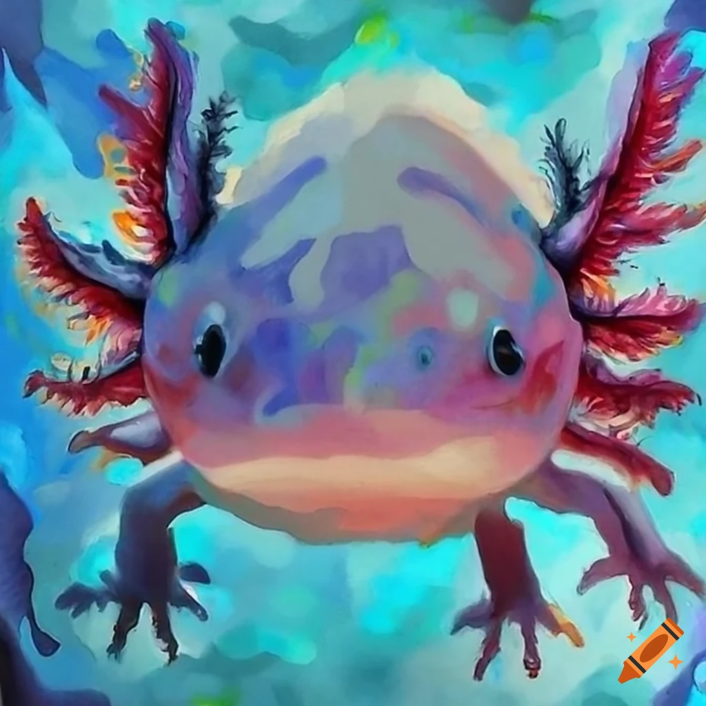blue watercolor painting of an axolotl