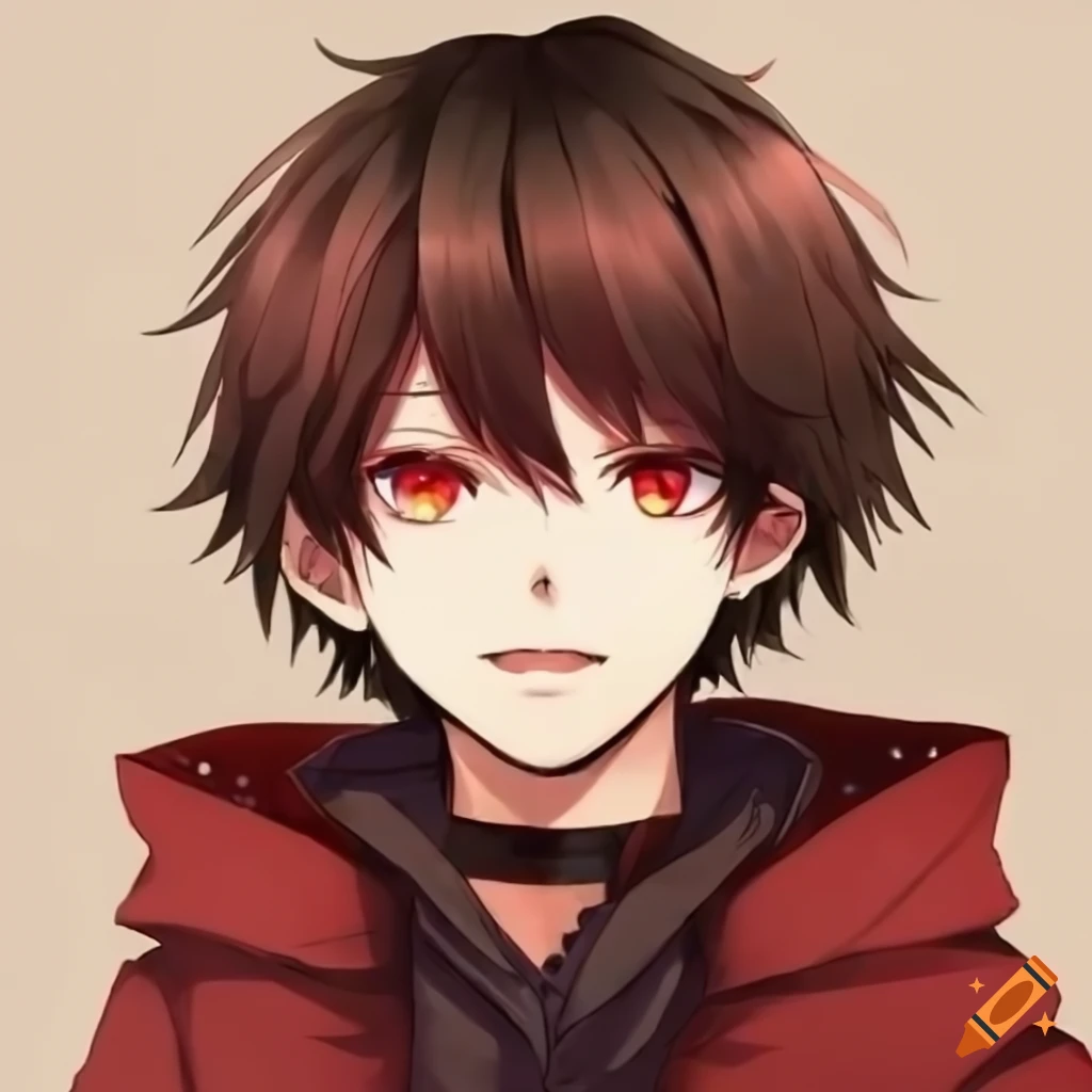 Character design of an anime boy with brown hair and red eyes on Craiyon