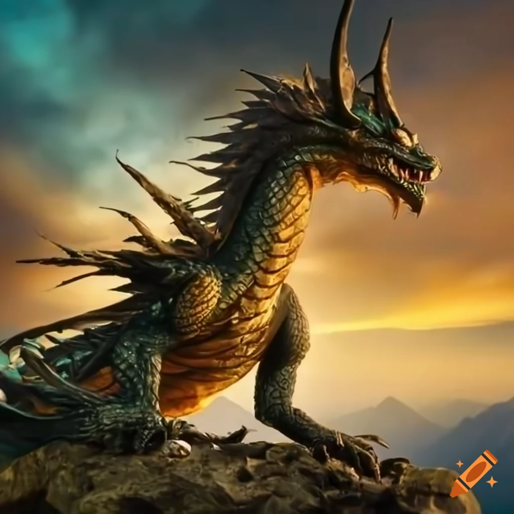 Bronzescaled dragon with glowing eyes in mountain landscape on Craiyon