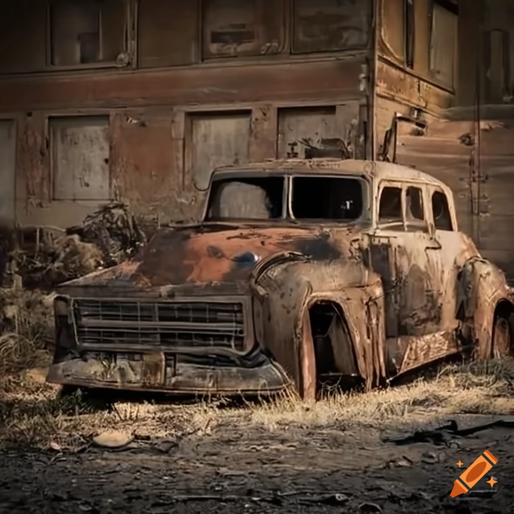 vintage car in a post-apocalyptic setting