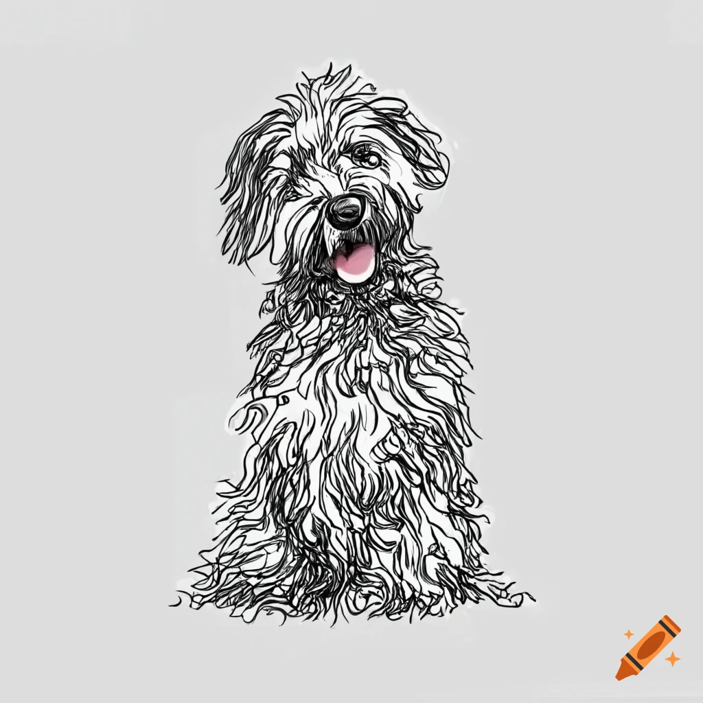 line drawing of a shaggy whoodle dog with tongue out